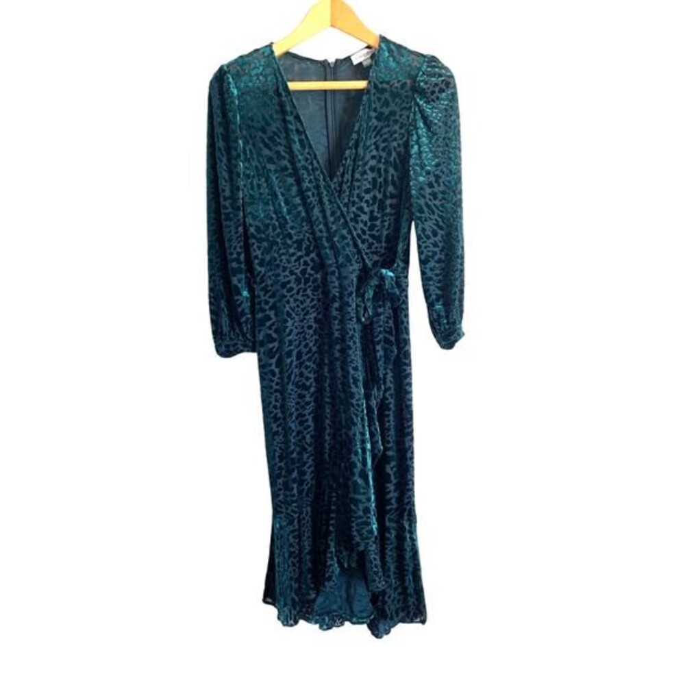 Calvin Klein Animal Print Burnout Velvet Wrap Dress green long sleeve Size 6